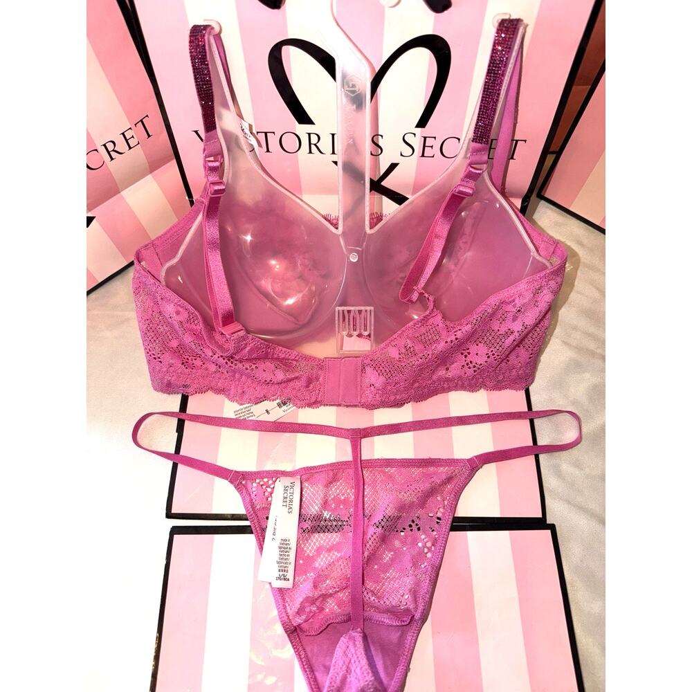 Victoria's Secret Bra Unlined Bling 36D Large V-String Pink Eyelash Lace - Picture 2 of 4